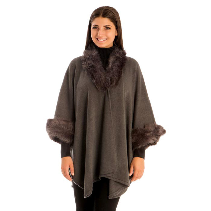 Gray Faux Fur Trim Shawl Poncho, is the perfect accessory and trendy soft chic shawl that amps up your beauty and keeps you warm and toasty on winter and cold days. You can throw it on over so many pieces elevating any casual outfit! Easy to put on and off. Before running out of the door, you'll want to wear this poncho to save yourself from the cold and chill in the winter. This poncho would make an ideal present for the loved one or a perfect treat for yourself!