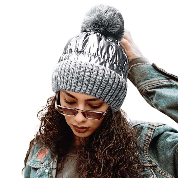 Gray Fleece Lining Puffer Knit Pom Pom Beanie Hat, Whether you're dressing up or dressing down, you'll look effortlessly stylish in this Knitted pom pom beanie. It provides warmth to your head and ears. Puffer Outer material creates a Shiny and Metallic outlook. Daily wear and holiday also match. Perfect gift idea too!