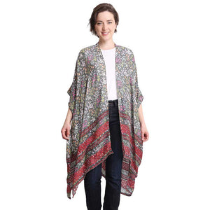Gray Flower Patterned Cover Up Kimono Poncho, the perfect accessory, luxurious, trendy, super soft chic capelet, keeps you warm and toasty. You can throw it on over so many pieces elevating any casual outfit! Perfect Gift for Wife, Mom, Birthday, Holiday, Christmas, Anniversary, Fun Night Out.