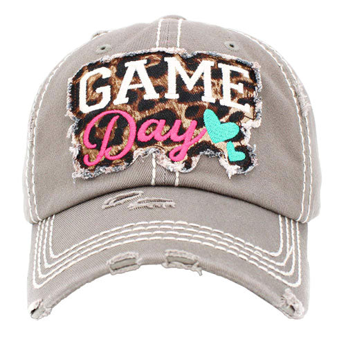 Gray GAME Day Vintage Baseball Cap. Fun cool Leopard Mother Sports themed vintage cap. Perfect for walks in sun, great for a bad hair day. The distressed  frayed style with faded color gives it an awesome vintage look. Soft textured, embroidered message with fun statement will become your favorite cap.