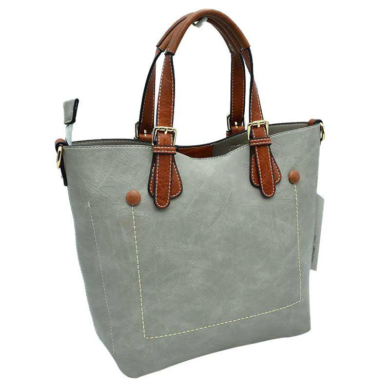 Gray Genuine Leather Tote Shoulder Handbags For Women. Ideal for everyday occasions such as work, school, shopping, etc. Made of high quality leather material that's light weight and comfortable to carry. Spacious main compartment with magnetic snap closure to safely store a variety of personal items such as wallet, tablet, phone, books, and other essentials. One interior open pocket for small accessories within hand's reach.
