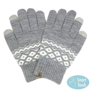 Gray Geometric Patterned Knit Smart Gloves, Before running out the door into the cool air, you’ll want to reach for these toasty gloves to keep your hands incredibly warm. Accessorize the fun way with these fashionable gloves, it's the autumnal touch you need to finish your outfit in style. Awesome winter gift accessory!