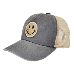 Gray Glittered Smile Patch Mesh Back Baseball Cap, features an embroidered smile face patch on the front, bringing a smile to everyone you pass by and showing your kindness to others. The pre-curved brim of the smile mesh baseball cap helps shield sunlight, keeping your face from harmful ultraviolet rays and preventing sunburn in summer. This beautiful baseball cap is comfortable to wear for a long time in hot weather. Glittered smile patch baseball cap is great for outdoor activities or indoor wear.