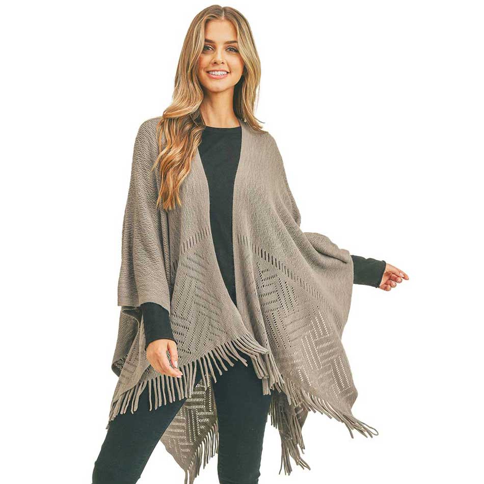 Gray Herringbone Knit Fringe Ruana, With this lovely ruana shawl, you can draw attention to the contrast of different outfits. Herringbone Pattern With Fringe Design that Gives it a unique decorative and modern look. Match well with jeans and T-shirts or vest, A fashionable eye catcher, will quickly become one of your favorite accessories, warm and goes with all your winter outfits.
