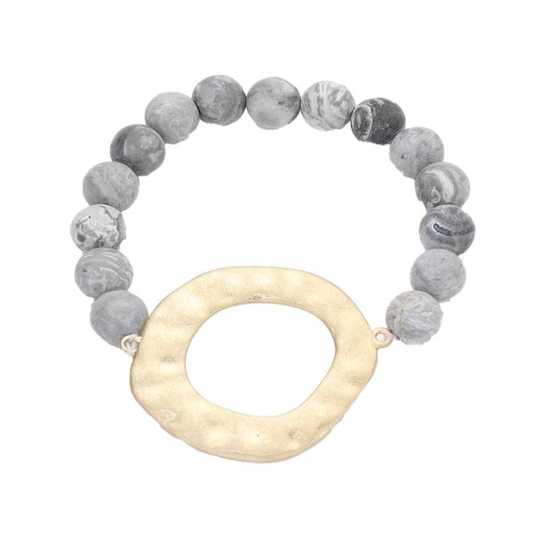 Gray Irregular Open Metal Charm Semi Precious Stone Beaded Stretch Bracelet; this stone bead charm bracelet can light up any outfit and make you feel absolutely flawless while adding a pop of color to your ensemble. Perfect Birthday Gift, Anniversary Gift, Mother's Day Gift, Thank you Gift, Loved One Gift, Just Because Gift