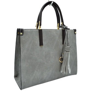 Gray Large Shoulder Vegan Leather Tassel Handbag For Women. High quality Vegan Leather is a luxurious and durable, Stay organized in style with this square-shaped shopper tote bag that is fully two contrasting interior and exterior solid colors. This vegan leather handbag includes an on-trend removable tassel embellishment. Guaranteed, This will be your go-to handbag. 