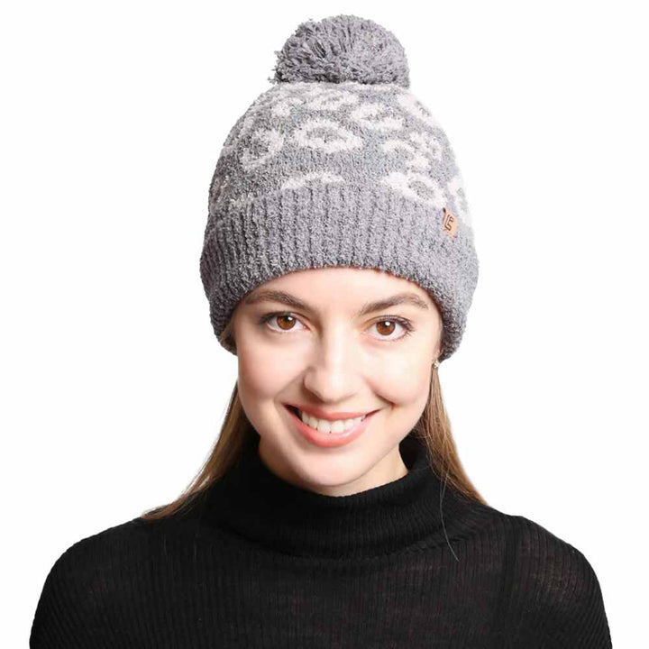 Gray Leopard Lined Pom-Pom Beanie, Wear it in winter or cold days to finish your ensemble in a unique and smart way. Go for it before running out into the cool air to receive compliments with this trendy and awesome leopard beanie. It keeps you warm, toasty, and totally unique everywhere. It's an awesome winter gift accessory for Birthdays, Christmas, Stocking stuffers, holidays, anniversaries, and Valentine's Day to friends, family, and loved ones. Stay trendy and cozy!