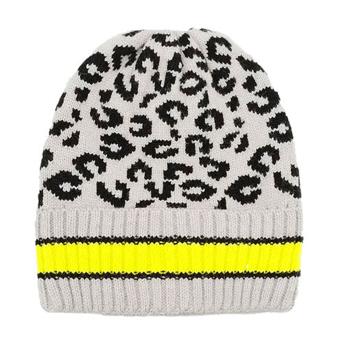 Gray Leopard Patterned Striped Cuff Knit Beanie Hat, Before running out the door into the cool air, you’ll want to reach for these toasty beanie to keep your hands incredibly warm. Accessorize the fun way with these beanie, it's the autumnal touch you need to finish your outfit in style. Awesome winter gift accessory!