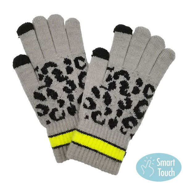 Gray Leopard Patterned Striped Cuff Knit Smart Gloves. Before running out the door into the cool air, you’ll want to reach for these toasty gloves to keep your head incredibly warm. Accessorize the fun way with these gloves, it's the autumnal touch you need to finish your outfit in style. Awesome winter gift accessory!