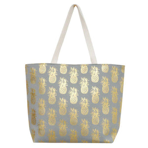 Gray Metallic Pineapple Patterned Beach Tote Bag, Whether you are out shopping, going to the pool or beach, this Pineapple patterned print tote bag is the perfect accessory. Perfectly lightweight to carry around all day. Spacious enough for carrying any and all of your seaside essentials. The soft straps really helps carrying this tie due shoulder bag comfortably. Perfect Birthday Gift, Anniversary Gift, Mother's Day Gift, Vacation Getaway or Any Other Events.