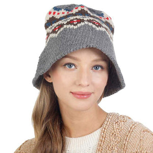 Gray Nordic Pattern Knitted Bucket Hat, is a beautifully designed Nordic pattern that enriches your attire and amps up your outlook in an attractive way. Have fun and look Stylish anywhere outdoors. Great for covering up when you are having a bad hair day. Perfect for protecting you from the sun, rain, wind, snow, beach, pool, camping, or any outdoor activities. Accent your confidence and beauty with this beautiful bucket hat.