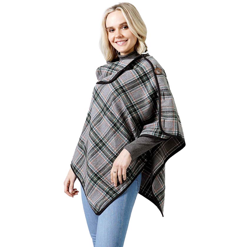 Gray Plaid Check Pattern Poncho With Button, is a beautifully designed and gorgeous looking one size poncho. The buttons and color variation make it more unique in style and give you better comfort than the regular one. You can throw it on over so many pieces elevating any casual outfit! Fashionable and eye-catcher wear that will quickly become one of your favorite accessories. A beautiful gift idea!
