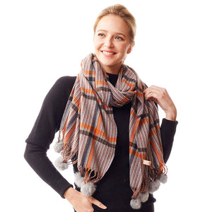 Gray Plaid Check Patterned Pom Pom Oblong Scarf, accent your look with this soft, highly versatile plaid scarf. A rugged staple brings a classic look, adds a pop of color & completes your outfit, keeping you cozy & toasty. Perfect Gift Birthday, Holiday, Christmas, Anniversary, Valentine's Day