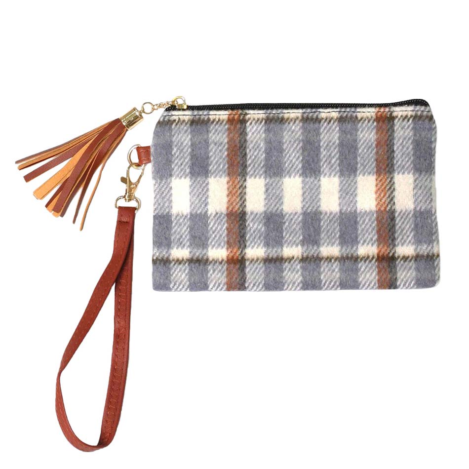 Gray Plaid Check Wristlet Pouch Bag, looks like the ultimate fashionista while carrying this trendy bag! Enhance your confidence and make your perfect choice from different and beautiful colors.  It's a beautiful gift and necessary accessory for your friends, family, and yourself. Keep your necessary things without any hassle and go comfortably!