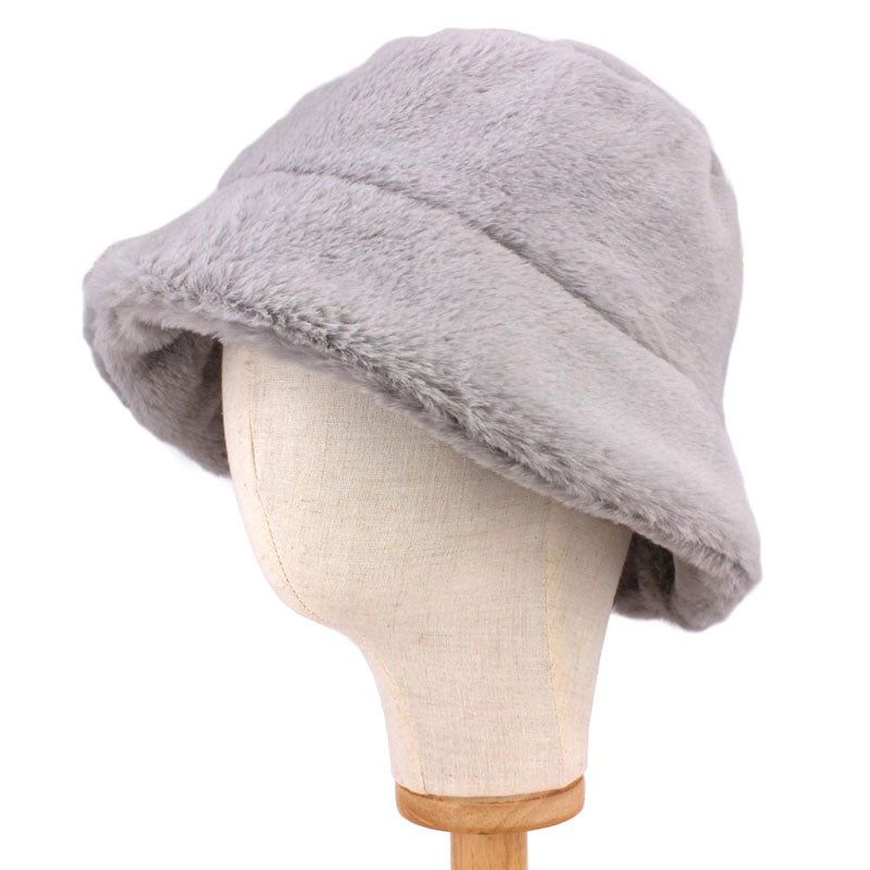 Black Polyester Faux Fur Bucket Hat, stay warm and cozy, protect yourself from the cold, this most recongizable look with remarkable bold, soft & chic bucket hat, features a rounded design with a short brim. The hat is foldable, great for daytime. Perfect Gift for cold weather!