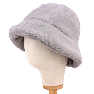 Gray Polyester Faux Fur Bucket Hat, stay warm and cozy, protect yourself from the cold, this most recongizable look with remarkable bold, soft & chic bucket hat, features a rounded design with a short brim. The hat is foldable, great for daytime. Perfect Gift for cold weather!