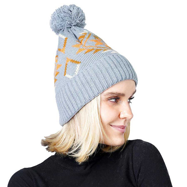 Gray Pom Pom Western Pattern Beanie Hat, Take your winter outfit to the next level and have wonderful western pattern beanie with pom poms, Comfortable beanie keep your head and ear warm during the winter. These are perfect to go skiing, snowboarding, sledding, running, camping, traveling, ice skating and more. Awesome winter gift accessory!  