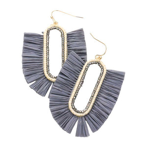 Gray Raffia Trimmed Dangle Earrings, enhance your attire with these beautiful dangle earrings to show off your fun trendsetting style. Can be worn with any daily wear such as shirts, dresses, T-shirts, etc. These raffia earrings will garner compliments all day long. Whether day or night, on vacation, or on a date, whether you're wearing a dress or a coat, these earrings will make you look more glamorous and beautiful.