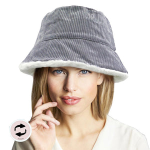 Gray Reversible Corduroy Soft Faux Fur Bucket Hat. Show your trendy side with this chic animal print hat. Have fun and look Stylish. Great for covering up when you are having a bad hair day, perfect for protecting you from the sun, rain, wind, snow, beach, pool, camping or any outdoor activities.