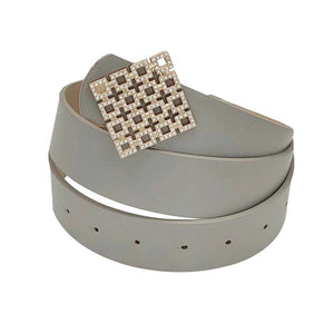 Gray Rhinestone Embellished Square Buckle Faux Leather Belt, These square rhinestone belts have the versatility you may need. Western-style engraved rhinestone buckle set; The buckle, keeper, and tip all have sparkling rhinestones. This square rhinestone belt fits in perfectly on many occasions and adds sparkle to any outfit. Faux leather feels soft and comfortable in daily dress or work. A good match for a blouse, dress, skirt, jeans or sweater.
