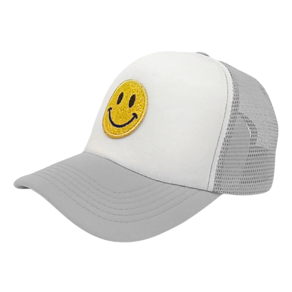 Gray Smile Accented Mesh Back Baseball Cap, features an embroidered smile face patch on the front, bringing a smile to everyone you pass by and showing your kindness to others. These are Perfect Birthday gifts, Anniversary gifts, Mother's Day gifts, Graduation gifts, Valentine's Day gifts, or any occasion.