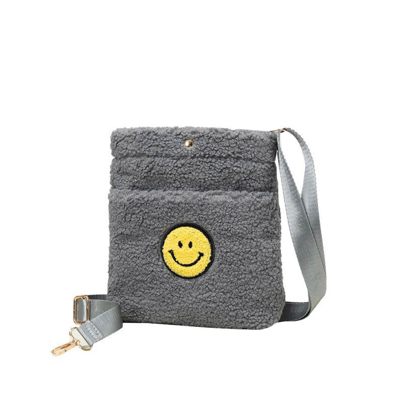 Gray Smile Pointed Sherpa Rectangle Crossbody Bag, This high quality smile crossbody bag is both unique and stylish. perfect for money, credit cards, keys or coins, comes with a belt for easy carrying, light and simple. Look like the ultimate fashionista carrying this trendy Smile Pointed Sherpa Rectangle Crossbody Bag!