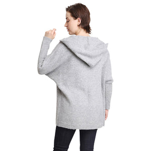 Gray Solid Color Knitted Hood and Ribbed Edges Cardigan, the perfect accessory, luxurious, trendy, super soft chic capelet, keeps you warm and toasty. You can throw it on over so many pieces elevating any casual outfit! Perfect Gift for Wife, Mom, Birthday, Holiday, Christmas, Anniversary, Fun Night Out