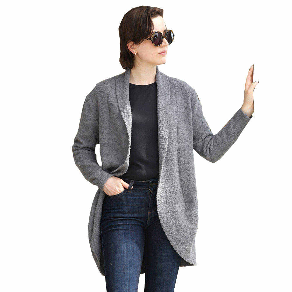 Gray Solid Open Cardigans with Slouchy Long Sleeve the perfect accessory, featuring the  trendy soft chic garment, keeps you warm and toasty, long cardigan for those who like extra layers. Throw it on to elevate any casual outfit! Black, Camel, Ivory; 100% Poly. Microfiber; Hand wash cold