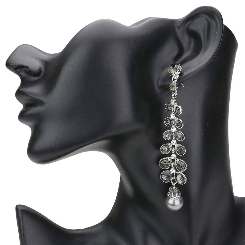 Gray Stone Embellished Leaf Pearl Link Dangle Evening Earrings, complete the appearance of elegance and royalty to drag the attention of the crowd on special occasions with these stone embellished leaf pearl dangle earrings. The beautifully crafted design adds a gorgeous glow to any outfit to make you stand out and more confident. Perfect jewelry gift to expand a woman's fashion wardrobe with a modern, on-trend style. 