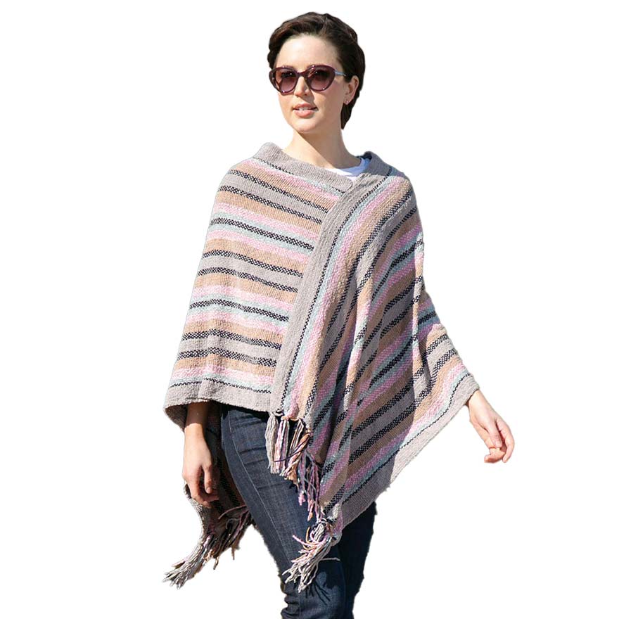 Gray Stripe Patterned Poncho, stripped designed beauty gives your outlook more gorgeousness and will make your day. It fits from stylish layering camis to relaxed tees. It will keep the body perfectly warm and represents your awesome look everywhere. It will become your favorite accessory.