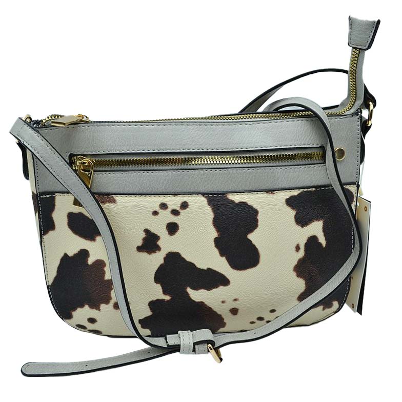 Gray Stylish Cowprint Pattern Crossbody Handbag, This Cowprint handbag can be worn crossbody or on the shoulder comfortably. This comfortable handbag is made of high-quality durable PU leather which is also beautiful at the same time. This handbag features one big compartment for your daily essentials and a little more. Show your trendy choice and smartness with this awesome cow-print bag. 