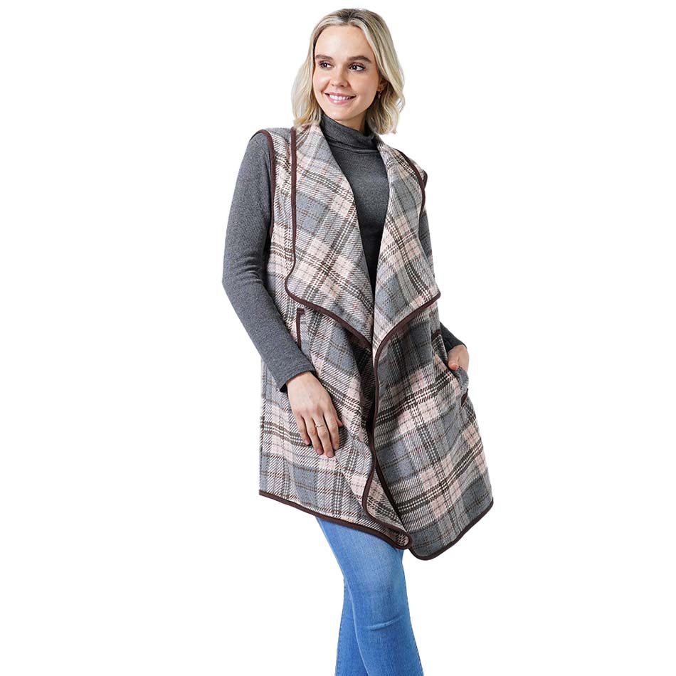 Gray Stylish Plaid Check Vest With Pocket, the perfect accessory for this winter and cold days out. It's a luxurious, trendy, super soft chic capelet that enriches your beauty to a greater extent. It keeps you warm and toasty on cold days. You can throw it on over so many pieces elevating any casual outfit! Perfect Gift for Wife, Mom, Birthday, Holiday, Christmas, Anniversary, Fun Night Out. Live with style!