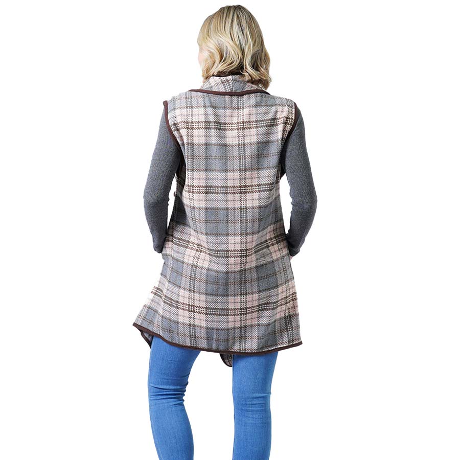Gray Stylish Plaid Check Vest With Pocket, the perfect accessory for this winter and cold days out. It's a luxurious, trendy, super soft chic capelet that enriches your beauty to a greater extent. It keeps you warm and toasty on cold days. You can throw it on over so many pieces elevating any casual outfit! Perfect Gift for Wife, Mom, Birthday, Holiday, Christmas, Anniversary, Fun Night Out. Live with style!