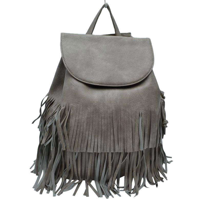 Gray Stylish Vegan Leather Fringe Backpack, is a high-quality vegan leather fringe backpack that enriches your fashion and represent your trendy choice. Wherever you go for travelling, tour, day out, picnic etc, it's the best accessory for carrying all necessary stuff in one place conveniently to be hands-free. It's highly durable, large size and nicely designed with fringe that drags out the real beauty. One will be able to carry through the whole day that a student needs the most.