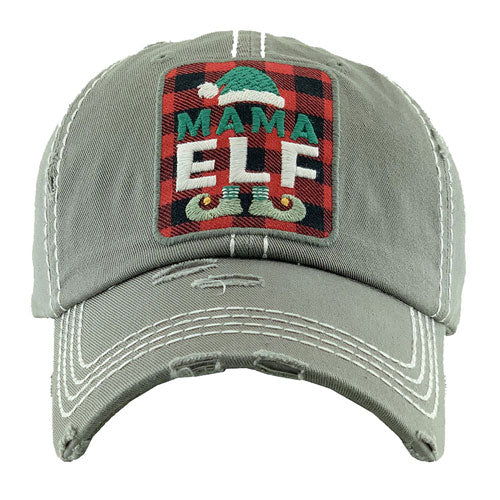 Gray Tartan Check MAMA ELF Vintage Baseball Cap. Fun cool Christmas themed vintage cap. Perfect for walks in sun, great for a bad hair day. The distressed frayed style with faded color gives it an awesome vintage look. Soft textured, embroidered message with fun statement will become your favorite cap.