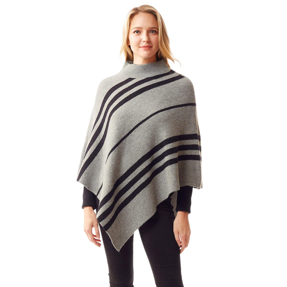Gray Vertical Striped Turtle Neck Collar Poncho, provides warmth, comfort in a cold day while keeping your look chic and feminine. Coordinates with all your winter outfits. Perfect Birthday Gift, Christmas Gift, Anniversary Gift, Regalo Navidad, Regalo Cumpleanos, Valentine's Day Gift, Dia del Amor, Asymmetrical Poncho Wrap