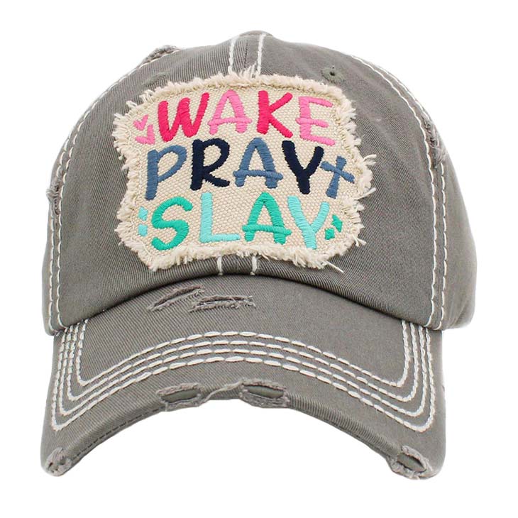 Gray Wake Play Slay Vintage Baseball Cap, A beautiful & cool religion-themed vintage cap that will not only save a bad hair day but also amps up your beauty to a greater extent. This Wake Play Slay message embroidered baseball hat is made for you. It's fully adjustable and easy to wear in the perfect style! Perfect to keep your hair away from your face while exercising, running, playing tennis, or just taking a walk outside.
