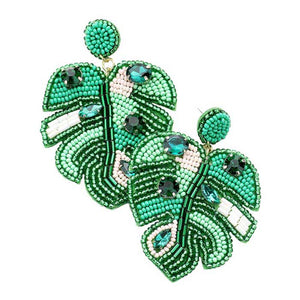 Green Felt Back Stone Embellished Seed Beaded Leaf Dangle Earring, Seed Beaded leaf dangle earrings fun handcrafted jewelry that fits your lifestyle, adding a pop of pretty color. Enhance your attire with these vibrant artisanal earrings to show off your fun trendsetting style. Great gift idea for your Loving One.