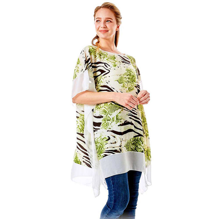 Green Zebra and Snake Skin Print Cover up Poncho. These Poncho featuring a Zebra and Snake design prints easy to pair with so many tops. Throw it over you bathing suit for quick cover-up at the beach or pool. Lightweight and Breathable Fabric, Comfortable to Wear. Suitable for Weekend, Work, Holiday, Beach, Party, Club, Night, Evening, Date, Casual and Other Occasions in Spring, Summer and Autumn.