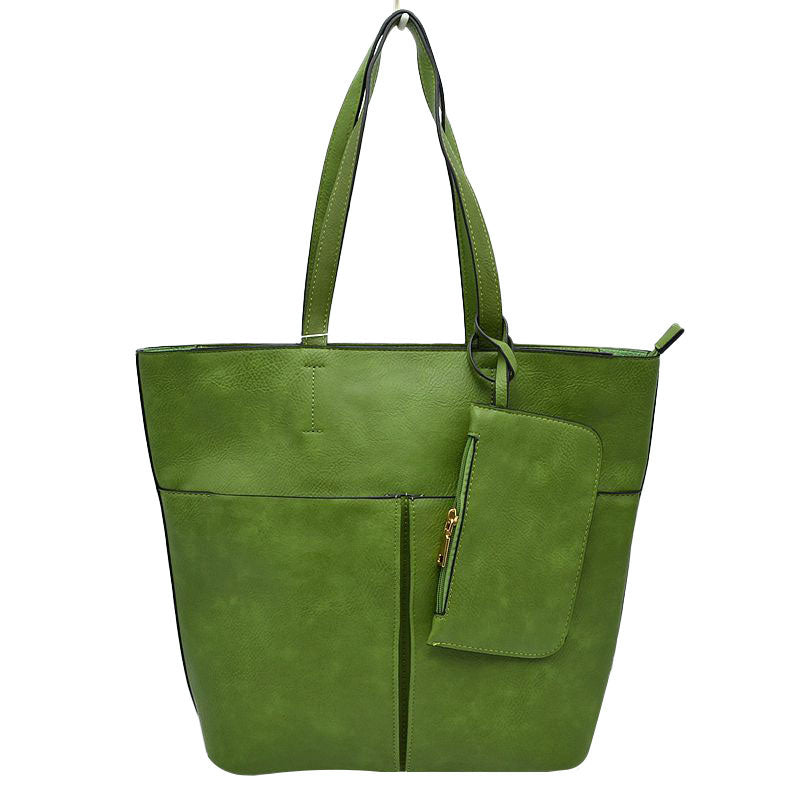 Green 3 In 1 Large Soft  Leather Women's Tote Handbags, There's spacious and soft leather tote offers triple the styling options. Featuring a spacious profile and a removable pouch makes it an amazing everyday go-to bag. Spacious enough for carrying any and all of your outgoing essentials. The straps helps carrying this shoulder bag comfortably. Perfect as a beach bag to carry foods, drinks, big beach blanket, towels, swimsuit, toys, flip flops, sun screen and more.