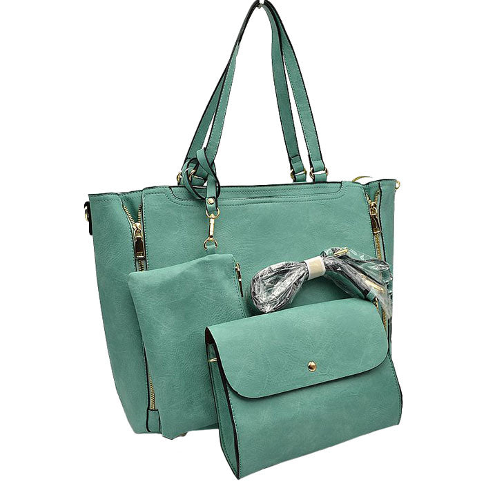 Green 3 in 1 Side Zipper Women's Handbag set. Ideal for parties, events, holidays, pair these handbags with any ensemble for a polished look. Versatile enough for using straight through the week, perfect for carrying around all-day. Great Birthday Gift, Anniversary Gift, Mother's Day Gift, Graduation Gift, Valentine's Day Gift. Wear as a crossbody, shoulder bag, or hand carry for your favorite look. 