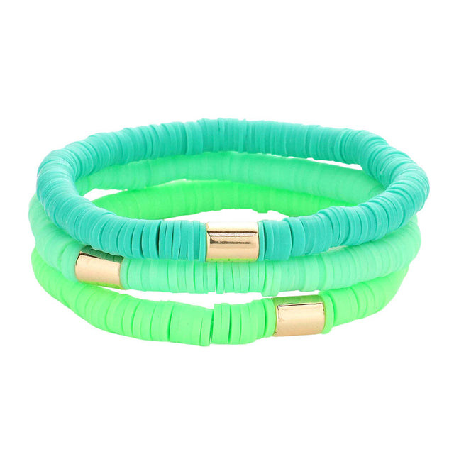Green 3PCS Metal Cylinder Heishi Beaded Stretch Bracelets, Add this 3-piece beaded Stretch bracelet to light up any outfit and feel absolutely flawless. Fabulous fashion and sleek style add a pop of pretty color to your attire. Perfect gifts for weddings, Prom, birthdays, anniversaries, Valentine‚Äö√Ñ√¥s Day, or any occasion.