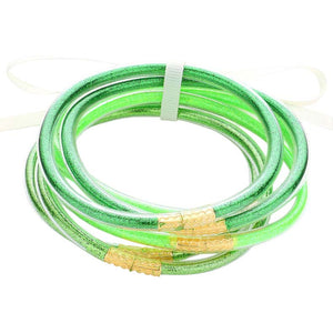 Green 6PCS Glitter Jelly Tube Bangle Bracelets, are a beautiful & unique collection to your attire to make your look more attractive. Wear these beautiful glitter bracelets as formal or casual wear to make you stand out at a party, work, or shopping. The bracelet is filled with enough glitter & it sparkles in the light. These beautiful bracelets will help you to get more compliments on your everyday wear