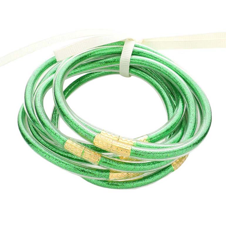 Green 7PCS Glitter Jelly Tube Bangle Bracelets, are a beautiful & unique collection to your attire to make your look more attractive. Perfect decoration as formal or casual wear at a party, work, or shopping for ladies and girls to wear. The bracelet is filled with enough glitter, it's sparkled in the light. Beautiful bracelets will help you get more compliments on your everyday wear.
