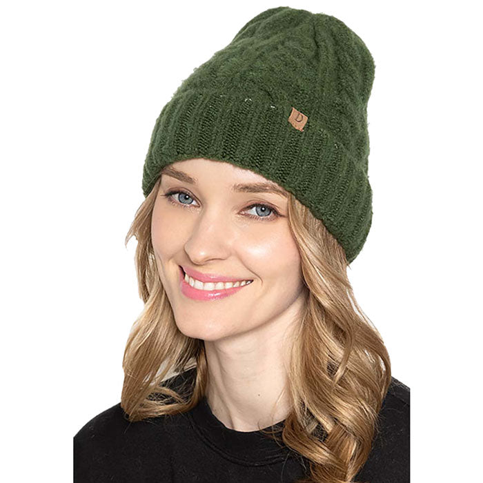 Green Acrylic One Size Cable Knit Cuff Beanie Hat, Before running out the door into the cool air, you’ll want to reach for these toasty beanie to keep your hands warm. Accessorize the fun way with these beanie, it's the autumnal touch you need to finish your outfit in style. Awesome winter gift accessory!