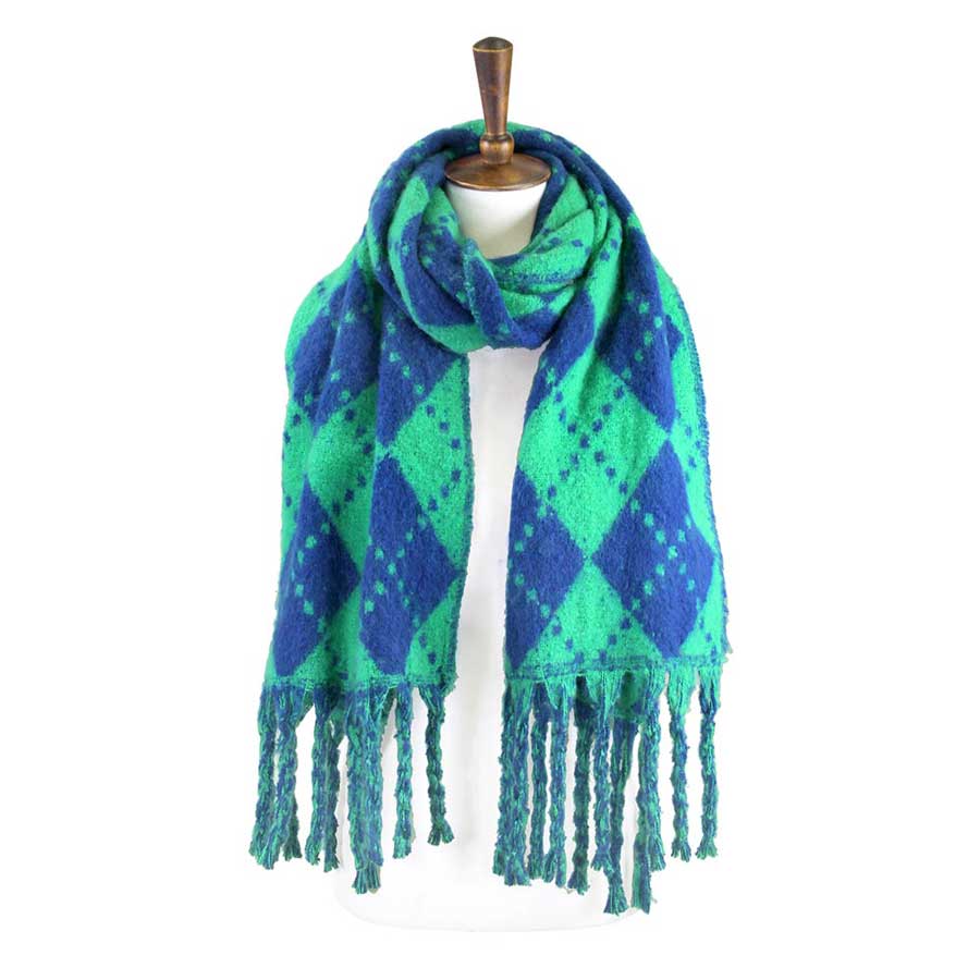 Green Argyle Print Oblong Scarf With Fringe, this stylish scarves featuring Argyle Print with fringe combines great fall style with comfort and warmth. Whether you need a little something around your shoulders on a chilly weather or a fashionable Oblong scarves to compliment any outfit are what you need. The super soft acrylic gives them a luxurious feel. Awesome winter accessory gift idea.
