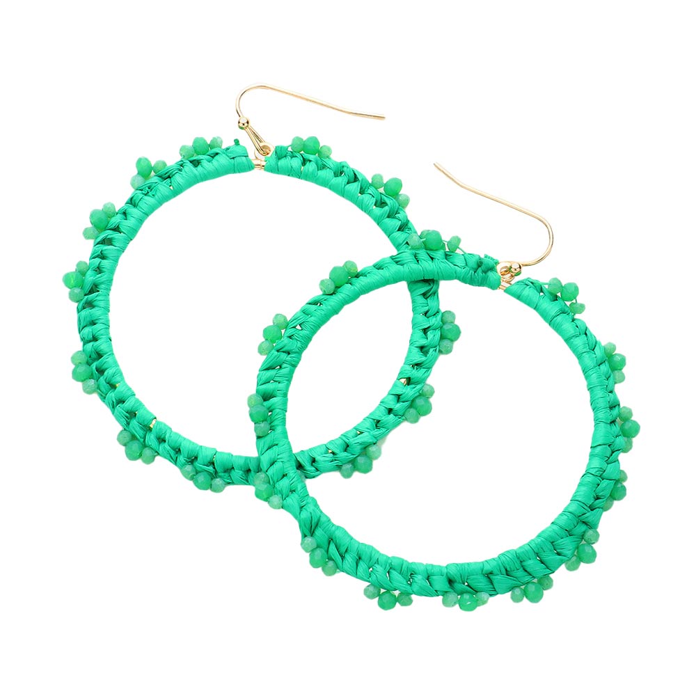 Green Beaded Pointed Raffia Wrapped Open Circle Dangle Earrings, enhance your attire with these beautiful raffia-wrapped dangle earrings to show off your fun trendsetting style. It can be worn with any daily wear such as shirts, dresses, T-shirts, etc. These raffia open-circle dangle earrings will garner compliments all day long. Whether day or night, on vacation, or on a date, whether you're wearing a dress or a coat, these earrings will make you look more glamorous and beautiful. 