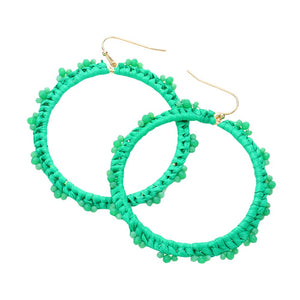 Green Beaded Pointed Raffia Wrapped Open Circle Dangle Earrings, enhance your attire with these beautiful raffia-wrapped dangle earrings to show off your fun trendsetting style. It can be worn with any daily wear such as shirts, dresses, T-shirts, etc. These raffia open-circle dangle earrings will garner compliments all day long. Whether day or night, on vacation, or on a date, whether you're wearing a dress or a coat, these earrings will make you look more glamorous and beautiful. 