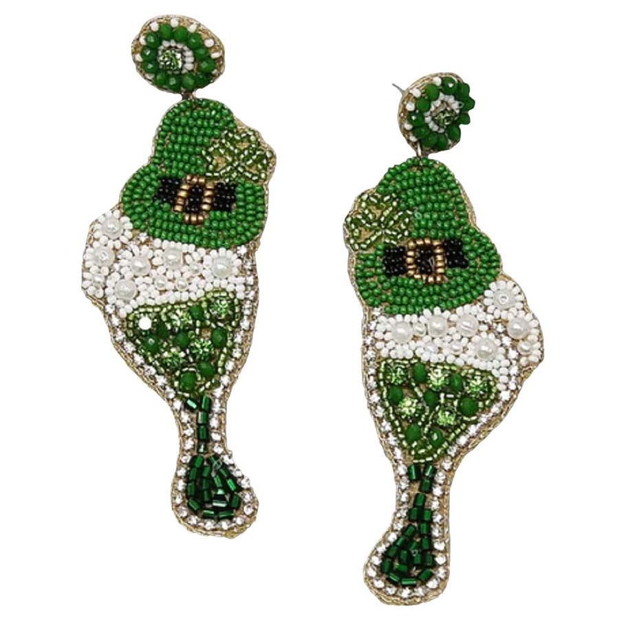 Green Beer Glass With Leprechaun Hat Seed Bead Earrings, turn your ears into a chic fashion statement with these beer glass seeds beaded earrings! Put on a pop of color to complete your ensemble stylishly with these St Patrick's Day-themed beer glass earrings. Highlight your appearance and grasp everyone's eye at any place. Enhance your attire & have a gorgeous look with this beer glass seed beaded earrings. 