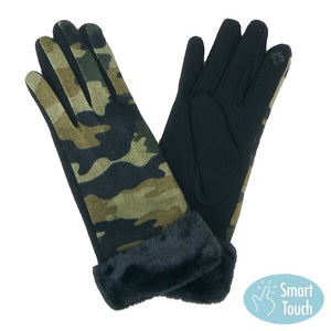 Green Camouflage Accented Faux Fur Cuff Warm Winter Smart Touch Tech Gloves, gives your look so much eye-catching texture w cool design, a cozy feel, fashionable, attractive, cute looking in winter season, these warm accessories allow you to use your phones. Perfect Birthday Gift, Valentine's Day Gift, Anniversary Gift, Just Because Gift